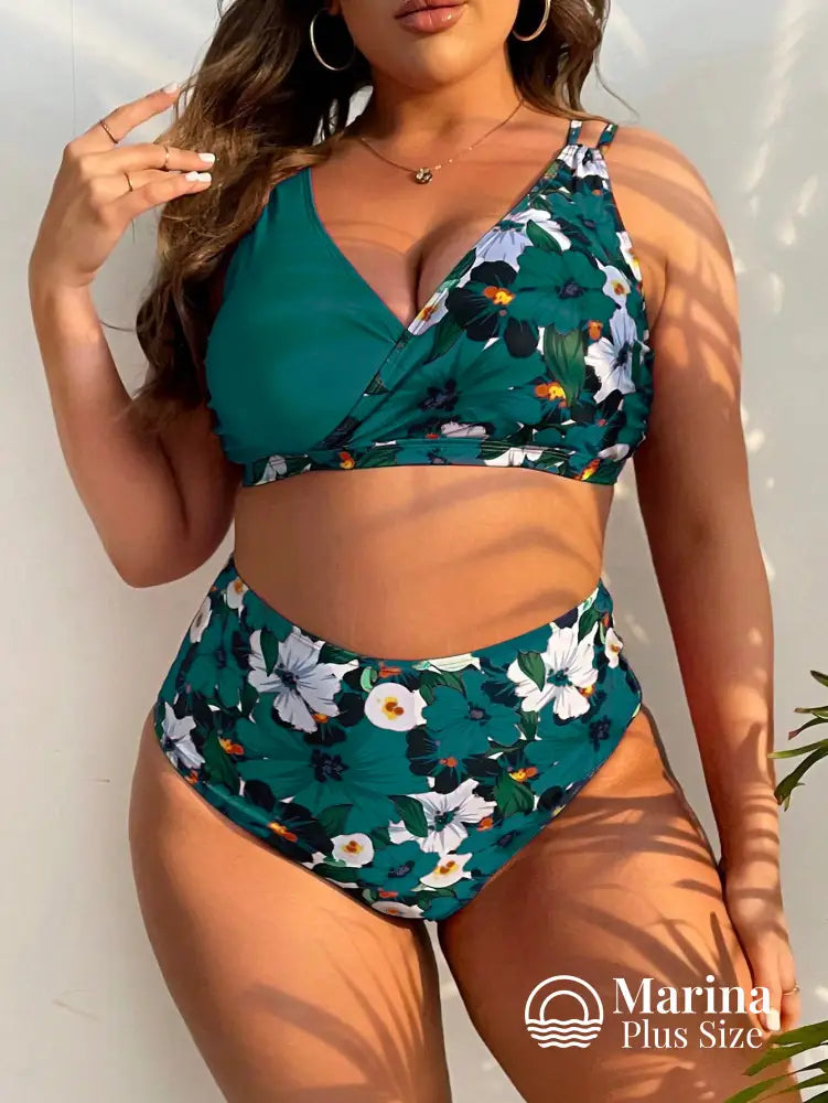 Biquíni Transpassado Estampa Tropical Cintura Alta Plus Size Azul Petróleo / G Biquíni Transpassado Estampa Tropical