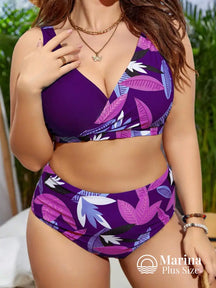 Biquíni Transpassado Estampa Tropical Cintura Alta Plus Size Roxo / G Biquíni Transpassado Estampa Tropical Cintura