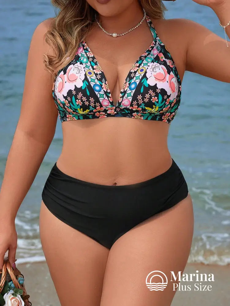 Biquíni Triângulo Floral Cintura Alta Drapeada Plus Size Preto / G Biquíni Triângulo Floral Cintura Alta Drapeada Plus