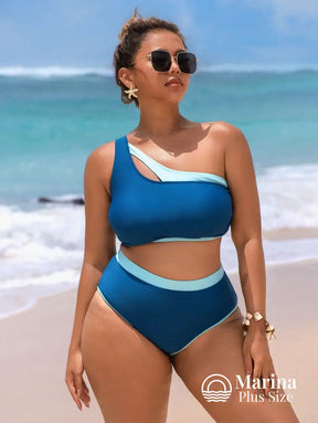 Biquíni Um Ombro Só Bicolor Cintura Alta Plus Size Biquíni Um Ombro Só Bicolor Cintura Alta Plus Size