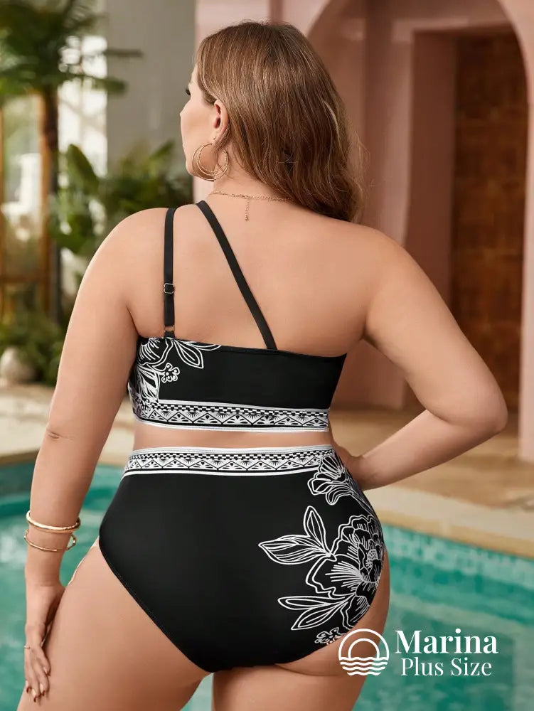 Biquíni Um Ombro Só Floral Cintura Alta Plus Size Biquíni Um Ombro Só Floral Cintura Alta Plus Size