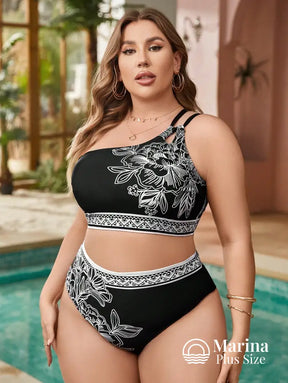 Biquíni Um Ombro Só Floral Cintura Alta Plus Size Biquíni Um Ombro Só Floral Cintura Alta Plus Size