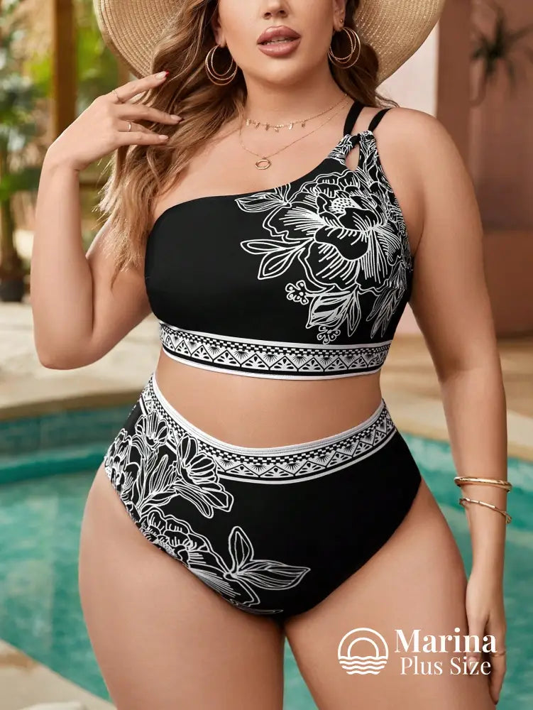 Biquíni Um Ombro Só Floral Cintura Alta Plus Size Preto e Branco / G Biquíni Um Ombro Só Floral Cintura Alta Plus Size