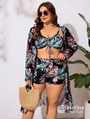 Conjunto 3 Peças Biquíni E Saída Tropical Folhagem Plus Size Conjunto 3 Peças Biquíni E Saída Tropical Folhagem Plus