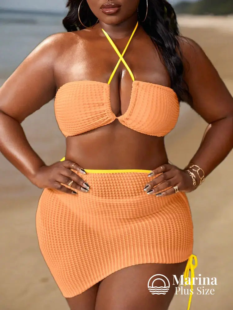 Conjunto Biquíni 3 Peças Canelado Tomara Que Caia Plus Size Laranja Claro / G Conjunto Biquíni 3 Peças Canelado Tomara