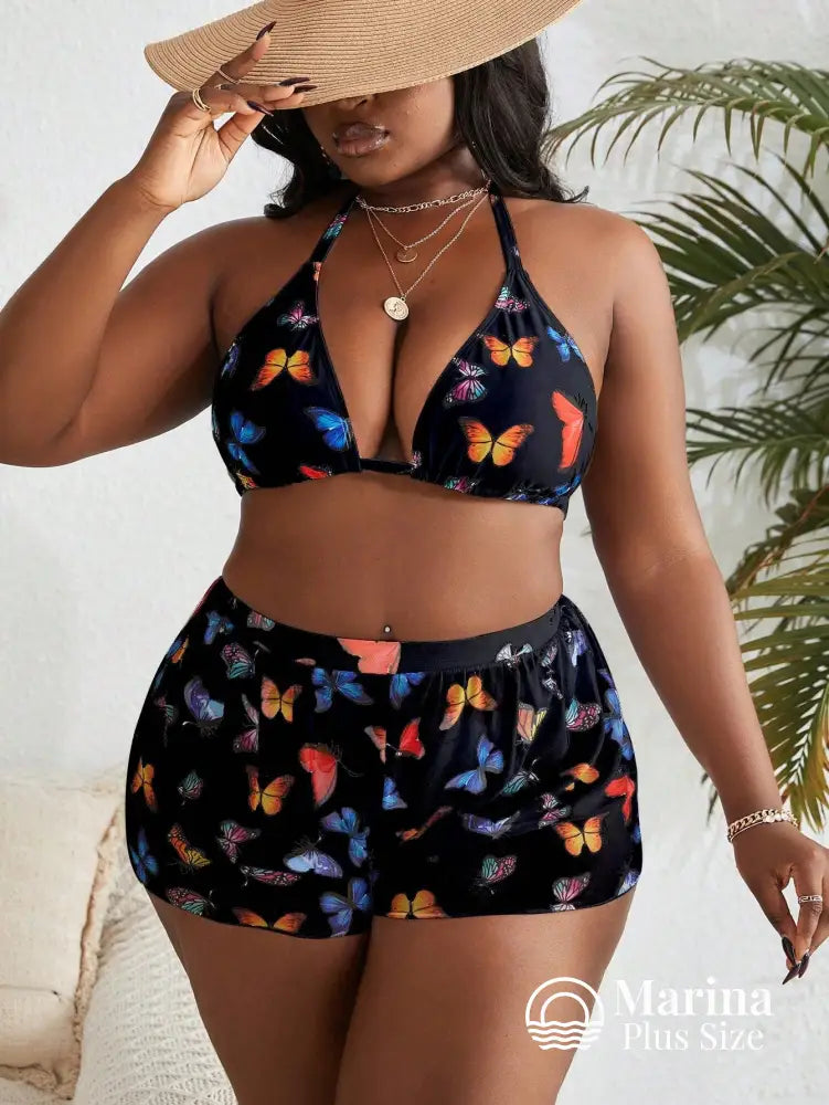 Conjunto Biquíni 3 Peças Estampa Borboletas Plus Size Conjunto Biquíni 3 Peças Estampa Borboletas Plus Size