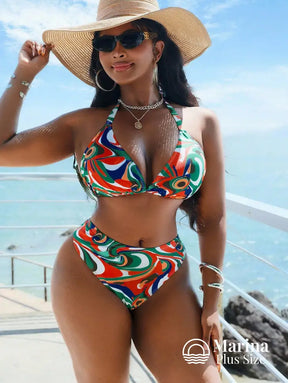 Conjunto Biquíni 3 Peças Estampado Saia Franzida Plus Size Conjunto Biquíni 3 Peças Saída Estilo Color Splash Plus Size