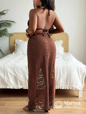 Conjunto Biquíni 3 Peças Rendado Saia Longa Ajustável Plus Size Conjunto Biquíni 3 Peças Rendado Saia Longa Ajustável