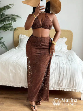 Conjunto Biquíni 3 Peças Rendado Saia Longa Ajustável Plus Size Marrom / G Conjunto Biquíni 3 Peças Rendado Saia Longa