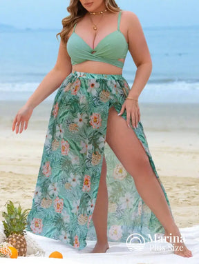 Conjunto Biquíni 3 Peças Saia Estilo Floral Plus Size Conjunto Biquíni 3 Peças Saia Estilo Floral Plus Size