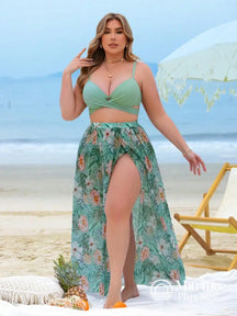 Conjunto Biquíni 3 Peças Saia Estilo Floral Plus Size Verde Menta / G Conjunto Biquíni 3 Peças Saia Estilo Floral Plus