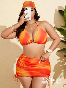 Conjunto Biquíni 3 Peças Saia Franzida Plus Size Laranja / G Conjunto Biquíni 3 Peças Saia Franzida Plus Size
