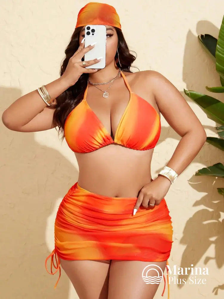 Conjunto Biquíni 3 Peças Saia Franzida Plus Size Laranja / G Conjunto Biquíni 3 Peças Saia Franzida Plus Size