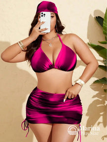 Conjunto Biquíni 3 Peças Saia Franzida Plus Size Rosa Escuro / G Conjunto Biquíni 3 Peças Saia Franzida Plus Size