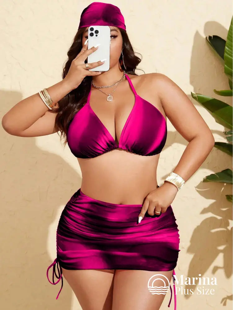Conjunto Biquíni 3 Peças Saia Franzida Plus Size Rosa Escuro / G Conjunto Biquíni 3 Peças Saia Franzida Plus Size