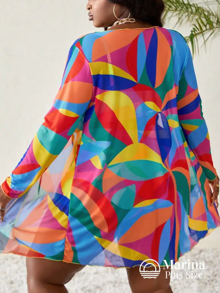 Conjunto Biquíni 3 Peças Saída Estampa Geométrica Plus Size Conjunto Biquíni 3 Peças Saída Estampa Geométrica Plus Size