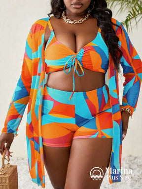 Conjunto Biquíni 3 Peças Saída Estampa Geométrica Plus Size Conjunto Biquíni 3 Peças Saída Estampa Geométrica Plus Size