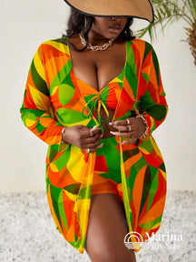 Conjunto Biquíni 3 Peças Saída Estampa Geométrica Plus Size Verde Menta / G Conjunto Biquíni 3 Peças Saída Estampa
