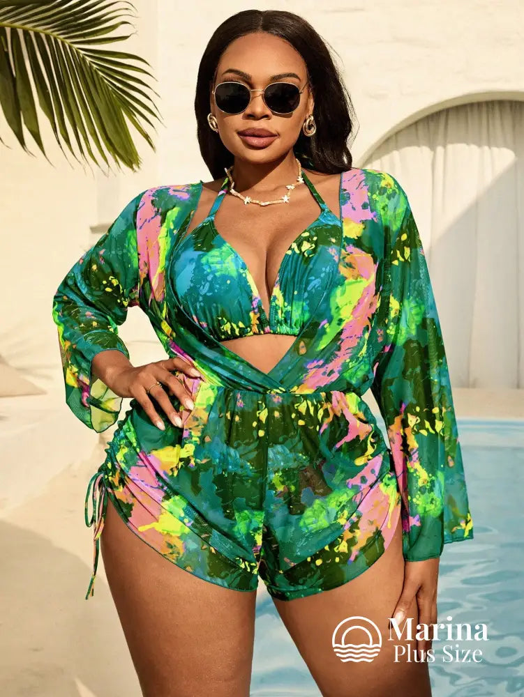 Conjunto Biquíni 3 Peças Saída Estilo Color Splash Plus Size Conjunto Biquíni 3 Peças Saída Estilo Color Splash Plus