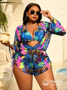 Conjunto Biquíni 3 Peças Saída Estilo Color Splash Plus Size Azul Royal / G Conjunto Biquíni 3 Peças Saída Estilo Color