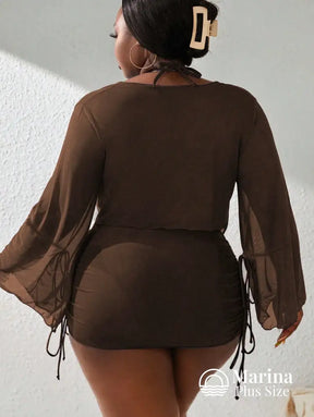 Conjunto Biquíni 3 Peças Saída Sheer Drapeada Plus Size Conjunto Biquíni 3 Peças Saída Sheer Drapeada Plus Size