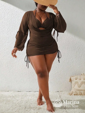 Conjunto Biquíni 3 Peças Saída Sheer Drapeada Plus Size Conjunto Biquíni 3 Peças Saída Sheer Drapeada Plus Size