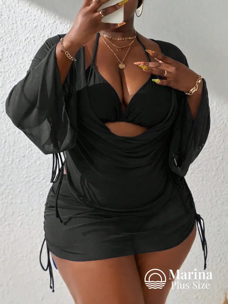 Conjunto Biquíni 3 Peças Saída Sheer Drapeada Plus Size Preto / G Conjunto Biquíni 3 Peças Saída Sheer Drapeada Plus