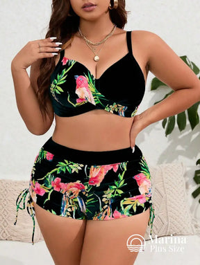 Conjunto Biquíni Estampa Tropical Top Estruturado Plus Size Preto / G Conjunto Biquíni Estampa Tropical Top Estruturado