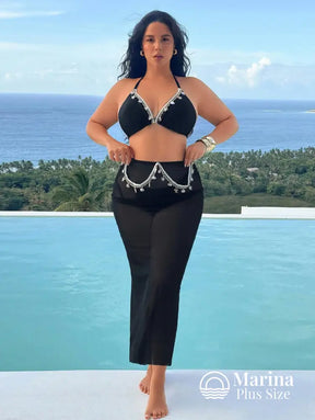 Conjunto Biquíni Saia Longa Detalhes Bordados Plus Size Preto / G Conjunto Biquíni Saia Longa Detalhes Bordados Plus