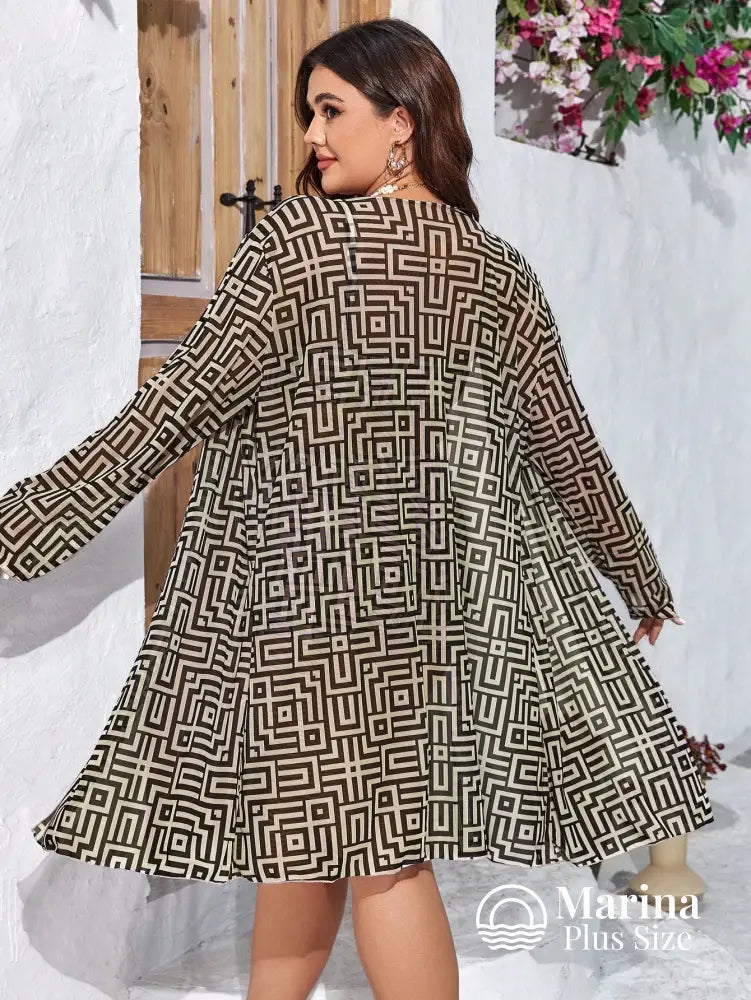 Conjunto Biquíni Saída Estampa Geométrica Top Ajustável Plus Size Conjunto Biquíni Saída Estampa Geométrica Top