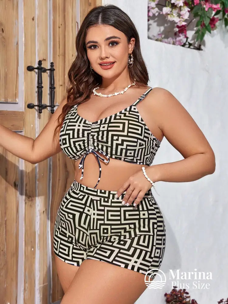 Conjunto Biquíni Saída Estampa Geométrica Top Ajustável Plus Size Conjunto Biquíni Saída Estampa Geométrica Top
