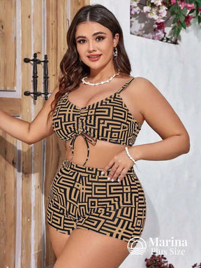 Conjunto Biquíni Saída Estampa Geométrica Top Ajustável Plus Size Conjunto Biquíni Saída Estampa Geométrica Top