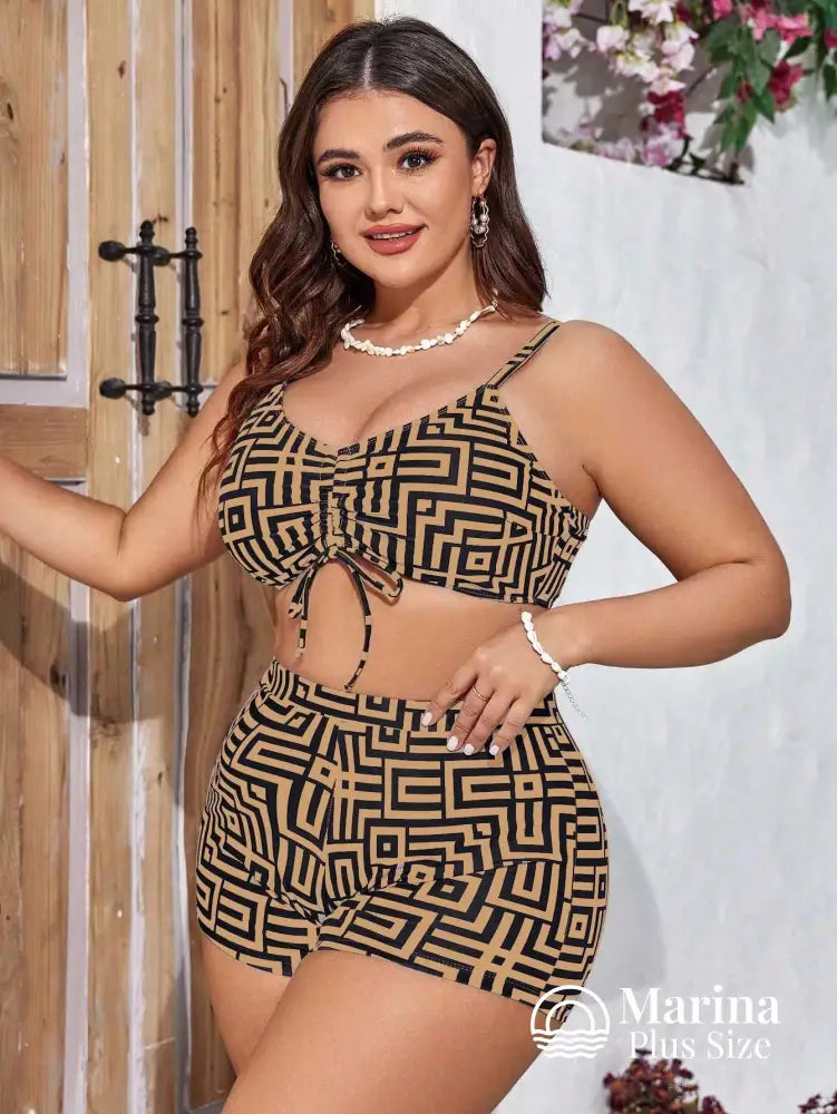Conjunto Biquíni Saída Estampa Geométrica Top Ajustável Plus Size Conjunto Biquíni Saída Estampa Geométrica Top