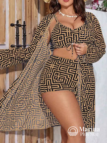 Conjunto Biquíni Saída Estampa Geométrica Top Ajustável Plus Size Castanho / G Conjunto Biquíni Saída Estampa