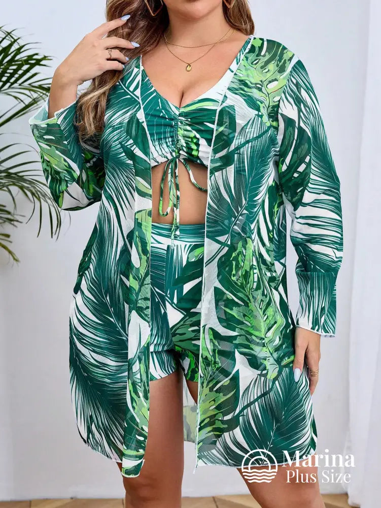 Conjunto Biquíni Saída Estampa Tropical Top Ajustável Plus Size Conjunto Biquíni Saída Estampa Tropical Top Ajustável