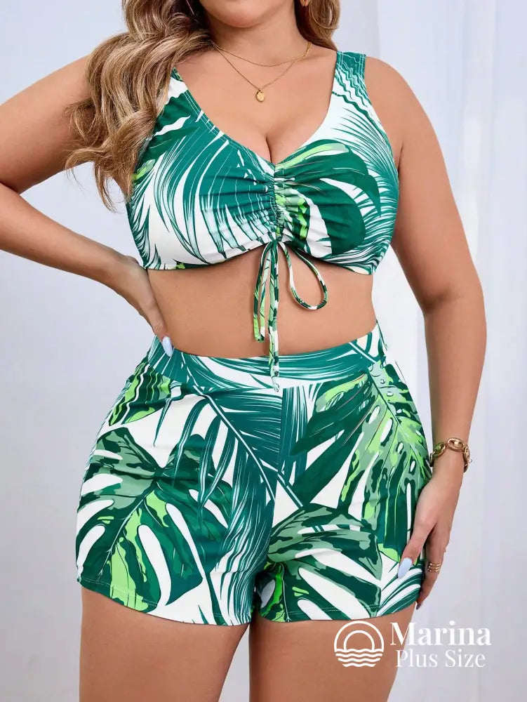 Conjunto Biquíni Saída Estampa Tropical Top Ajustável Plus Size Conjunto Biquíni Saída Estampa Tropical Top Ajustável