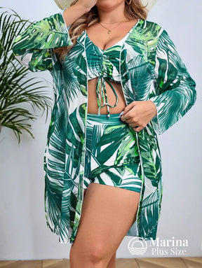 Conjunto Biquíni Saída Estampa Tropical Top Ajustável Plus Size Verde Escuro / G Conjunto Biquíni Saída Estampa