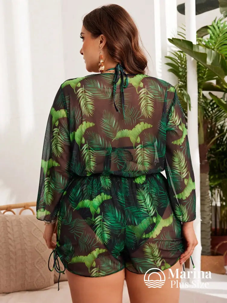 Conjunto Biquíni Saída Estampa Tropical Top Triângulo Plus Size Conjunto Biquíni Saída Estampa Tropical Top Triângulo