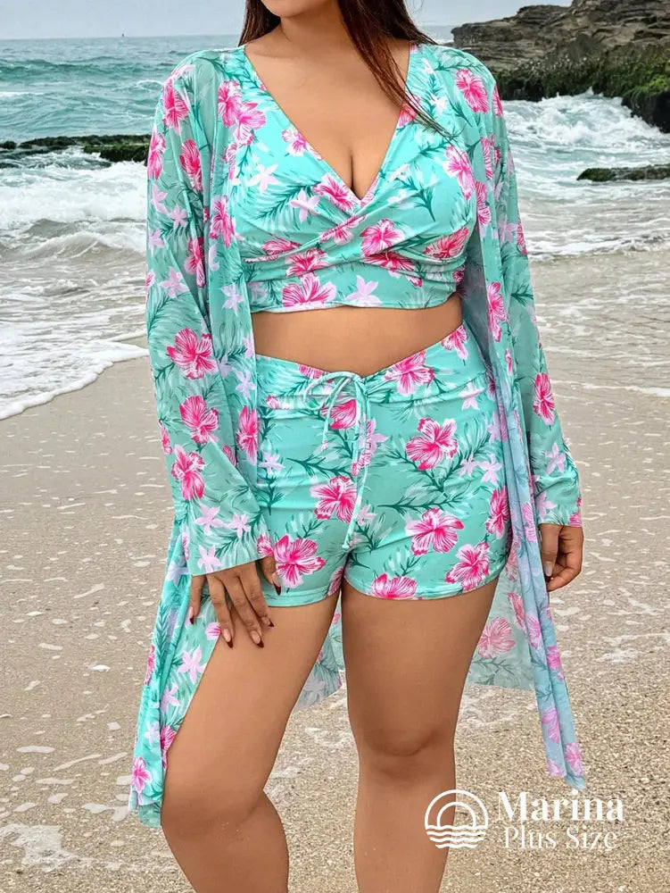 Conjunto Biquíni Saída Floral Top Transpassado Plus Size Conjunto Biquíni Saída Floral Top Transpassado Plus Size