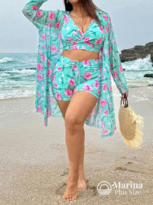 Conjunto Biquíni Saída Floral Top Transpassado Plus Size Verde Menta / G Conjunto Biquíni Saída Floral Top Transpassado