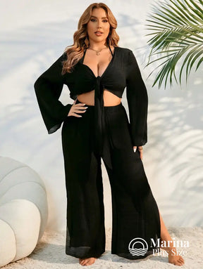 Conjunto Praia Calça Pantalona E Top De Amarrar Plus Size Conjunto Praia Calça Pantalona E Top De Amarrar Plus Size