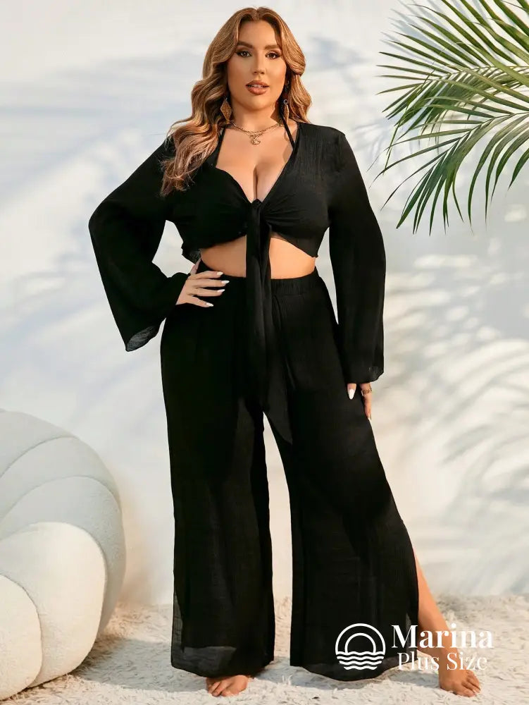 Conjunto Praia Calça Pantalona E Top De Amarrar Plus Size Conjunto Praia Calça Pantalona E Top De Amarrar Plus Size