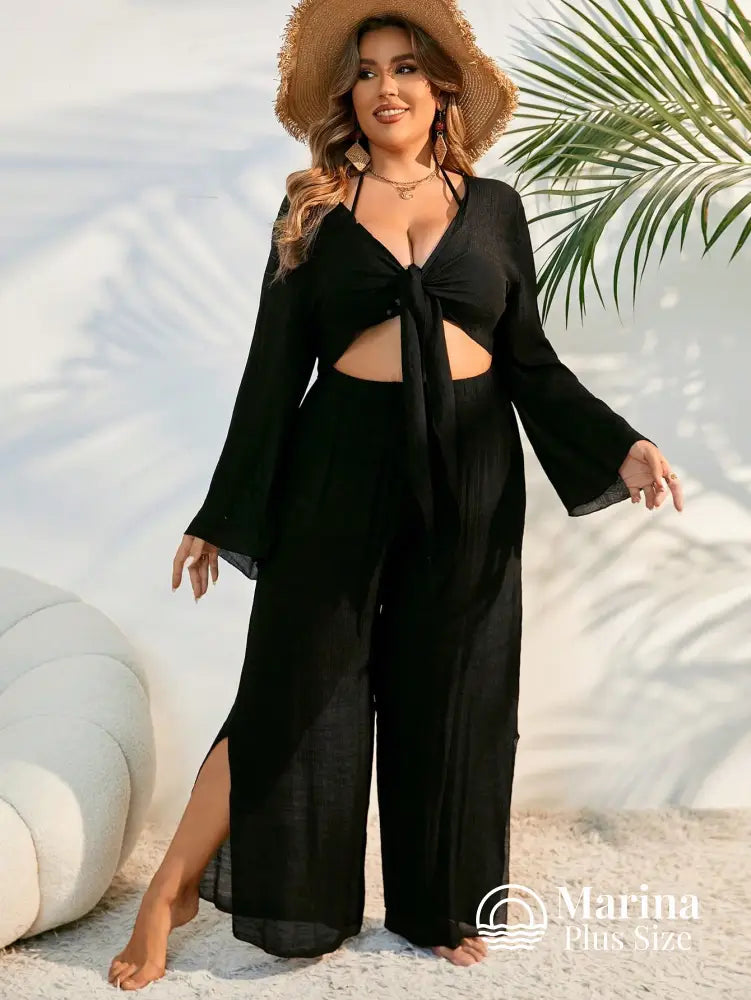Conjunto Praia Calça Pantalona E Top De Amarrar Plus Size Conjunto Praia Calça Pantalona E Top De Amarrar Plus Size