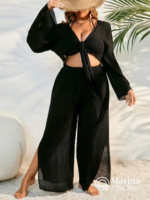 Conjunto Praia Calça Pantalona E Top De Amarrar Plus Size Preto / G Conjunto Praia Calça Pantalona E Top De Amarrar