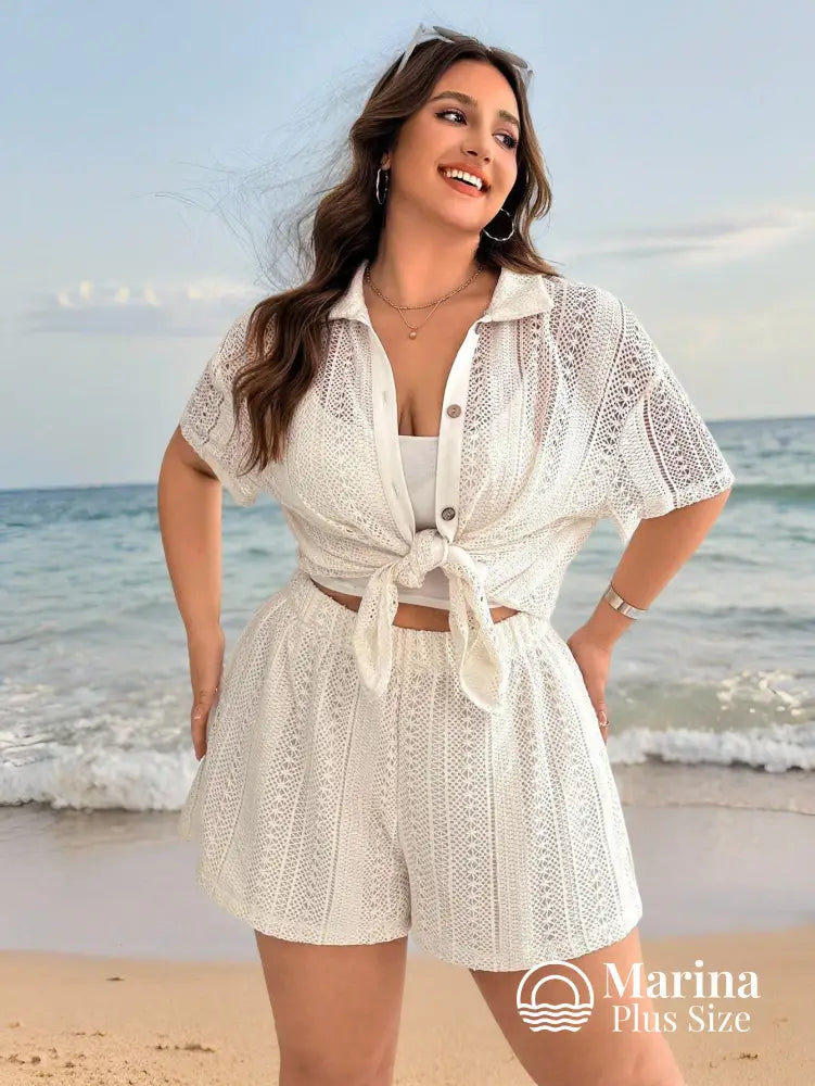 Conjunto Praia Camisa E Short Em Malha Jacquard Plus Size Bege / G Conjunto Praia Camisa E Short Em Malha Jacquard Plus