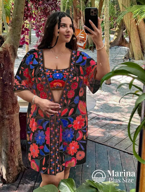 Conjunto Praia Estampa Floral Com Kimono Leve Plus Size Conjunto Praia Estampa Floral Com Kimono Leve Plus Size