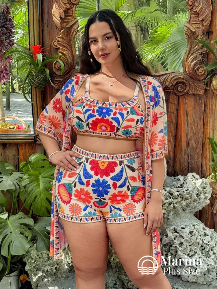 Conjunto Praia Estampa Floral Com Kimono Leve Plus Size Conjunto Praia Estampa Floral Com Kimono Leve Plus Size