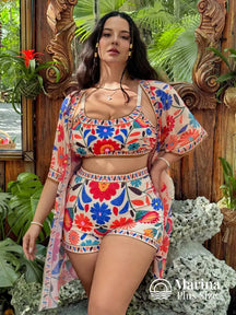 Conjunto Praia Estampa Floral Com Kimono Leve Plus Size Cor Floral 1 / G Conjunto Praia Estampa Floral Com Kimono Leve