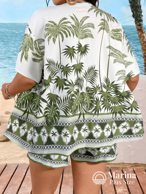 Conjunto Praia Kimono E Short Estampa Tropical Plus Size Conjunto Praia Kimono E Short Estampa Tropical Plus Size