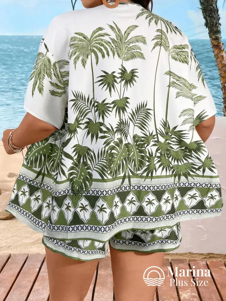 Conjunto Praia Kimono E Short Estampa Tropical Plus Size Conjunto Praia Kimono E Short Estampa Tropical Plus Size